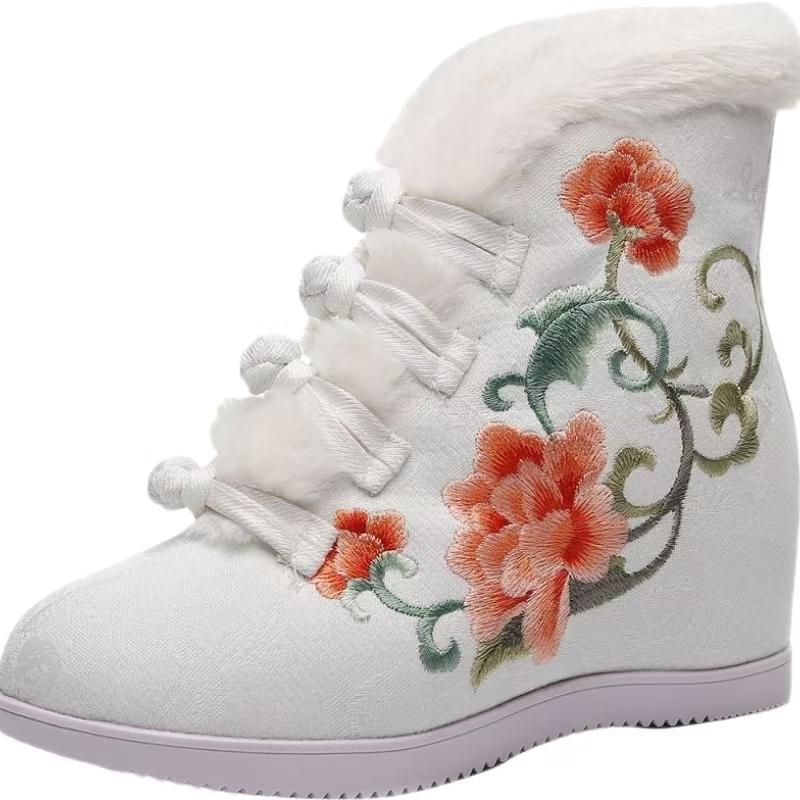 Women s Winter Wedges Ankle Embroidered Cotton Boots Increased Internal Ethnic Style Round Toe Plush Warm Canvas Hanfu Boots 35 бежевый