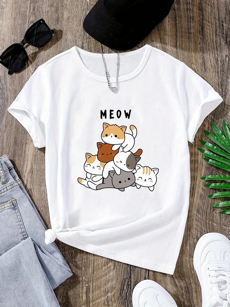 Kawaii Little Cat Tshirt for Women Cute Black Shortsleeved Harajuku Print Tshirt Pattern Tshirt for Women Vintage Y2k Top