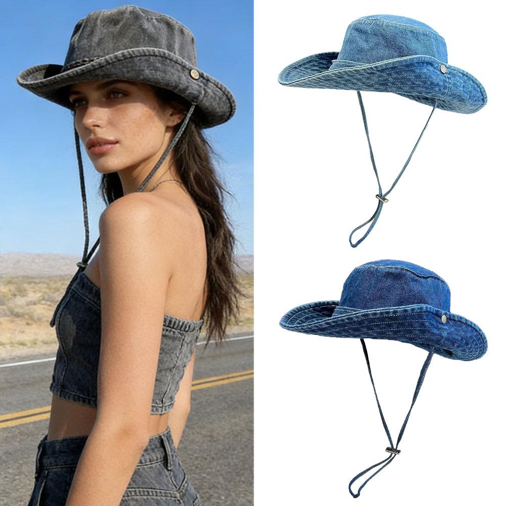 Vintage Washed Denim Bucket Hat Unisex Summer Sun Hat for Women Men Camping Cap with Uv Protection Western Cowboy Fisherman Hat