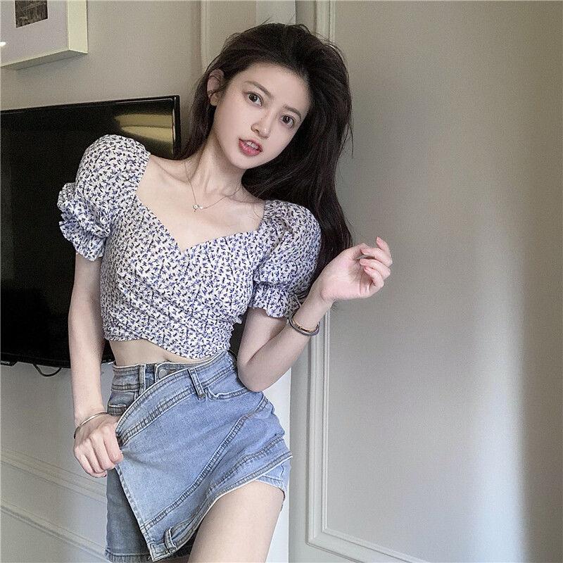 Trend Women Floral Sexy Crop Top Short Puff Sleeves V Collar Pullover Vintage Style T-shirts Summer Fitting Tees