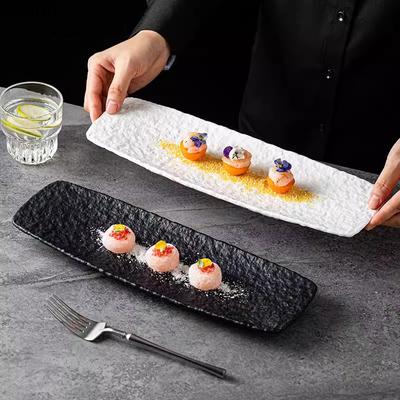 Langer Streifenteller im japanischen Stil mit Steinmuster, Sushi-Teller aus Keramik, Dim-Sum-Teller, Grillteller, Geschirr in Unterglasurfarbe