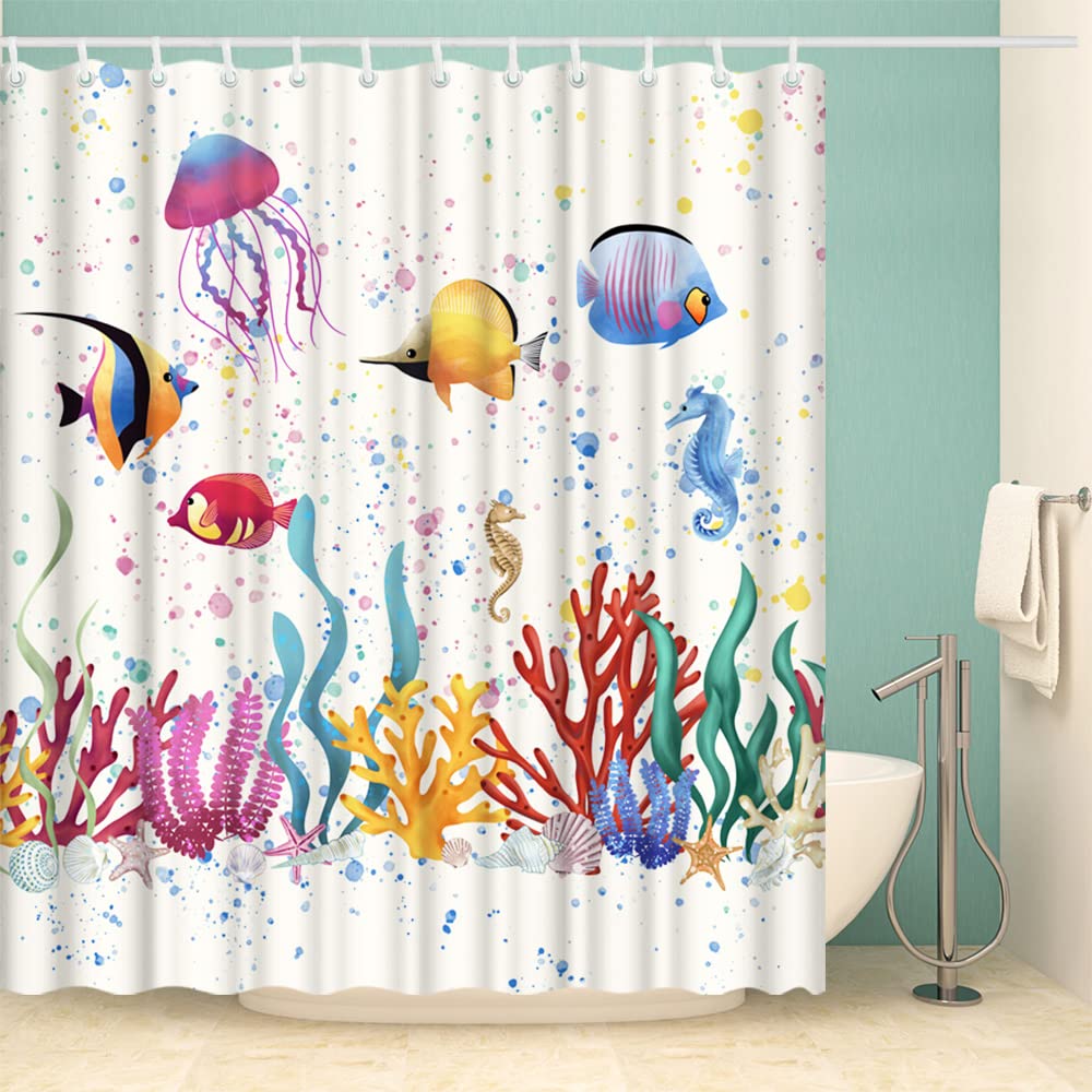 Nautical Coastal Shower Curtain,Beach Ocean Theme Shower Curtain for Bathroom Decor,Summer Tropical Coral Bath Curtain with Hook