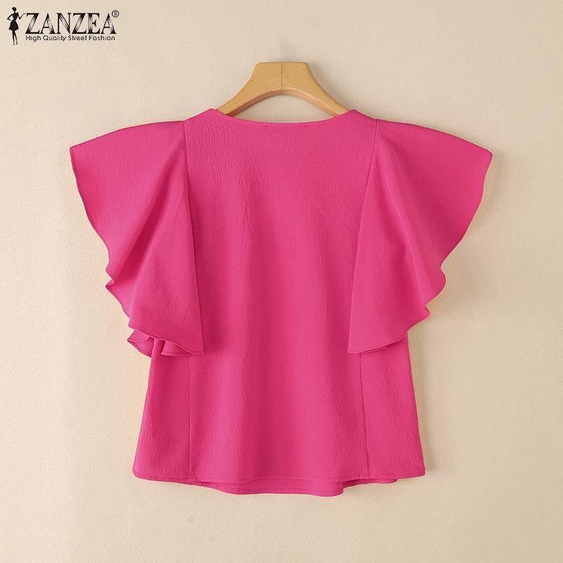 ZANZEA Blouse Décontractée à Col Rond et Manches à Volants Ample pour Femmes