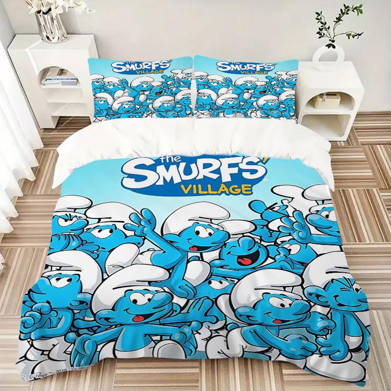 Smurfs' Village Adventure Print 3Pcs Bedding Setduvet Cover With 2 Bedropillowcase Home Birthday Gift