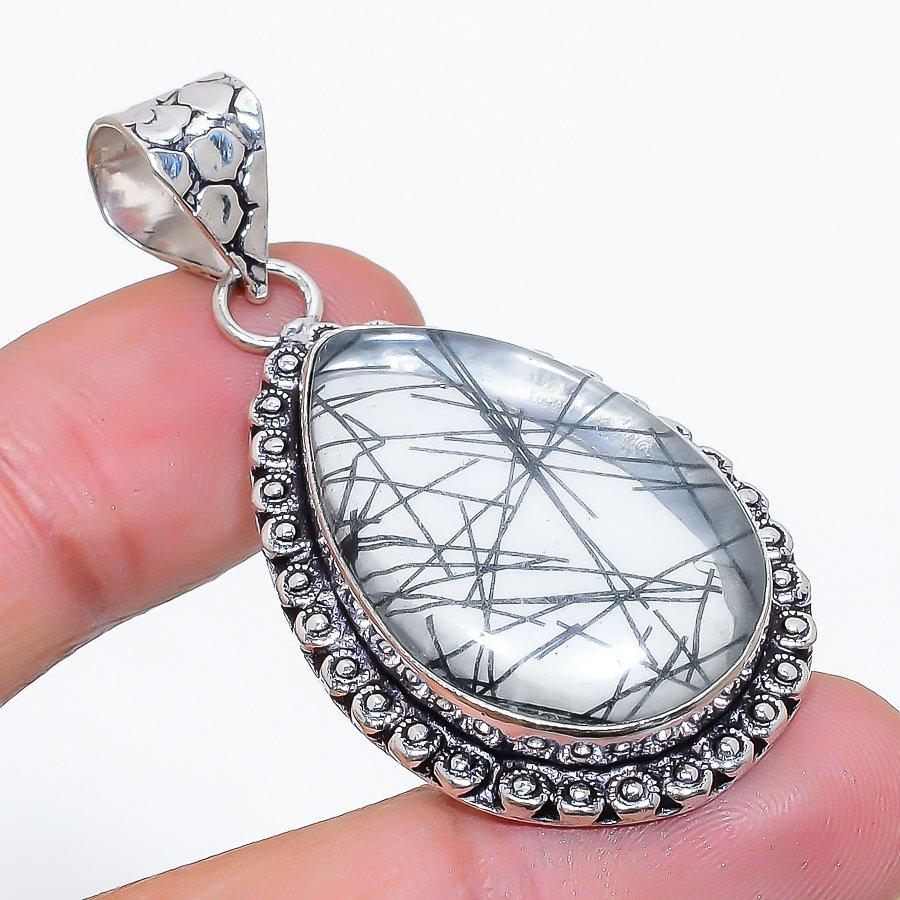 

Black Rutile Gemstone Handmade 925 Sterling Silver Jewelry Pendant 2.05 SU-10733