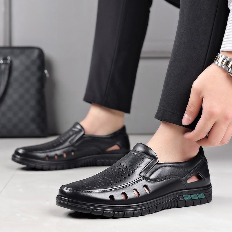 Summer New Men's Hollowed Out Sandals Leather Shoes Breathable Casual Shoes Cover Feet Loafers D282