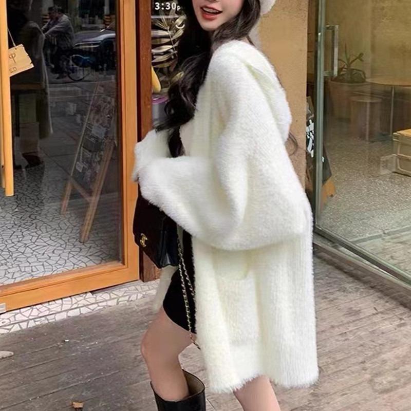 Milk fufu hooded imitation mink fleece sweater jacket women's autumn and winter medium and long loose lazy wind knitted cardigan women