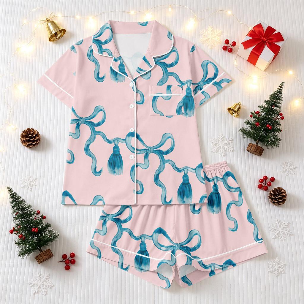 Women's Christmas Pajama Set Short Sleeve Button Down Shirt and Shorts Sleepwear