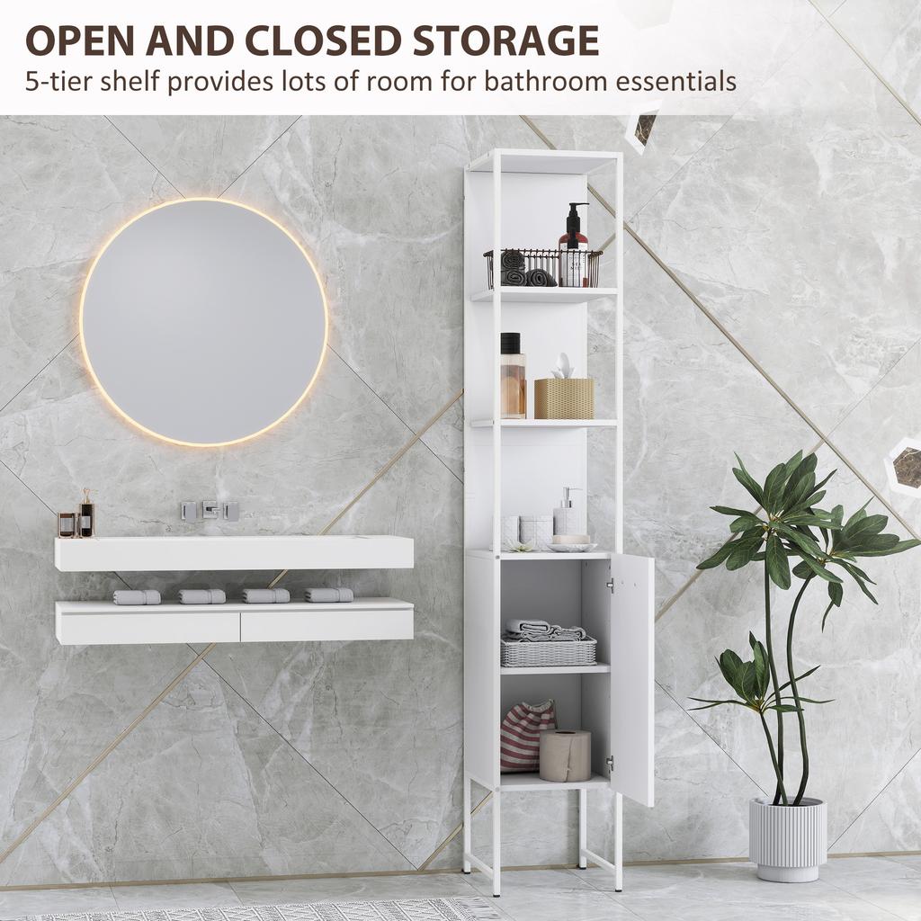 Tall Bathroom Cabinet with Open Shelves and Adjustable Shelf - White
