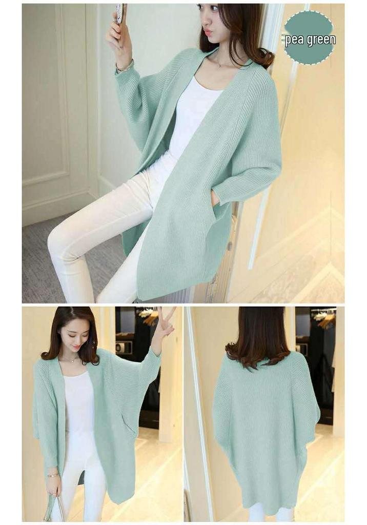Women's Mid-Length Batwing Sleeve Knit Cardigan Shawl - Loose Fit, Plus Size, Korean Style for Autumn/Winter 2023