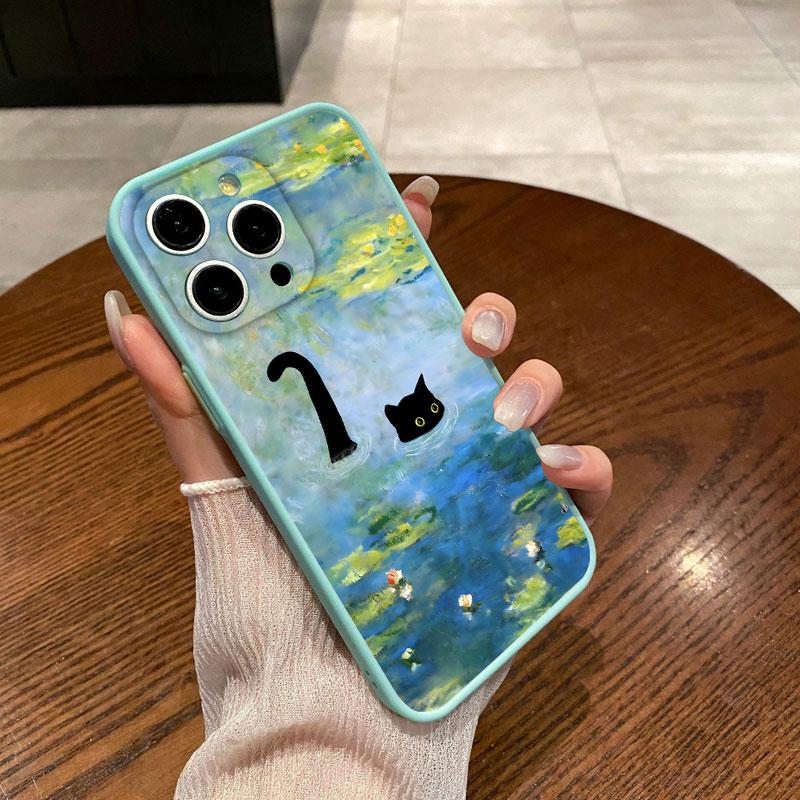 Black Cat Landscape Phone Case For iPhone 16 17 Pro Max 15 14 Pro Max Plus 13 12 Mini 11 Pro Max Cartoon Shockproof Back Covers