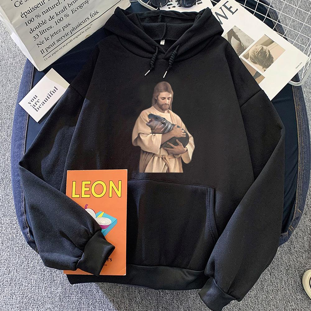 Moo Deng Jesus Meme Cartoon Hoodie Funko Pop Cute Sweatshirt Graphic Printing for Autumn/Winter Kawaii Clothing Moletom Hoody
