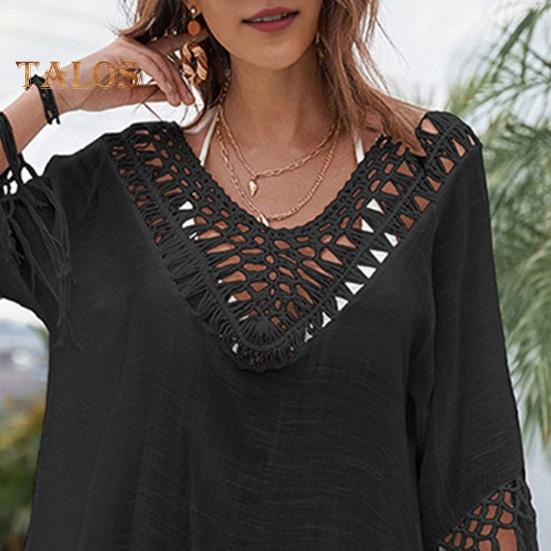 Beach Cover Up Dress V-Neck Woven Hollow Neckline Fringed Cuffs Hem Bikini Cover Up UV Protection Beach Dress