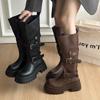 Over The Knee Stack Boots Fashion Pointed Toe Sleeve Pleated Rivet Waterproof Non-Slip Block Heel Single Shoes