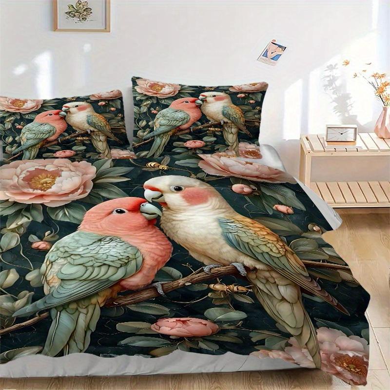 3pcs Parrot Floral Bedding Cover Set, Fashion Classic Popular Print Bedding Set, Soft Comfortable, All - Season Use, For Bedroom103