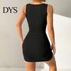 Summer Women Clothing Mini Dress Pleated Sleeveless Sheath Slim Fit Square Neck Thread Pure Color Elastic Vest for Club Beach Parties