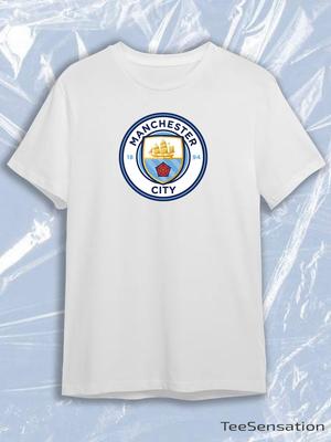 TeeSensation White Crew Neck Short Sleeve T-Shirt with Manchester City FC Round Crest Logo