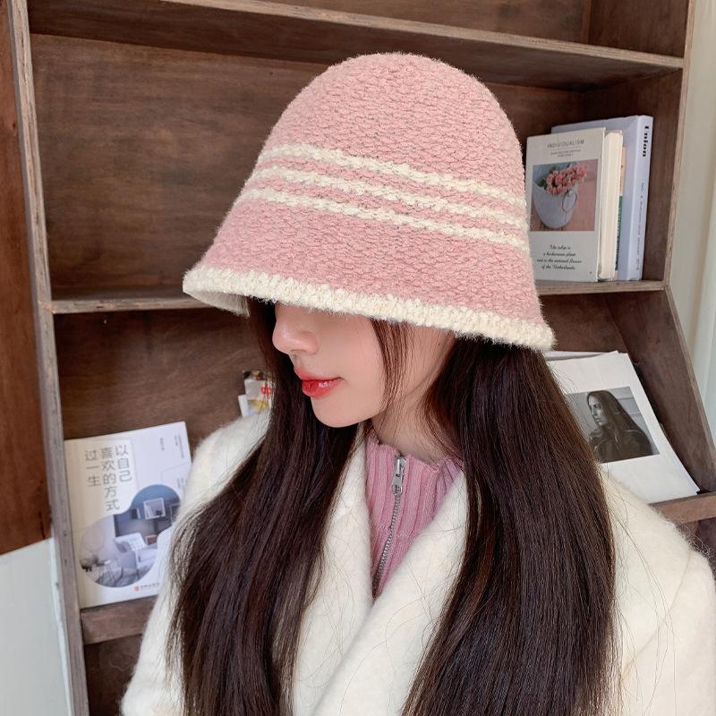 Striped Hat Women's Autumn and Winter Warm Imitation Lamb Wool Bucket Hat Outdoor Winter Show Small Basin Hat Thick