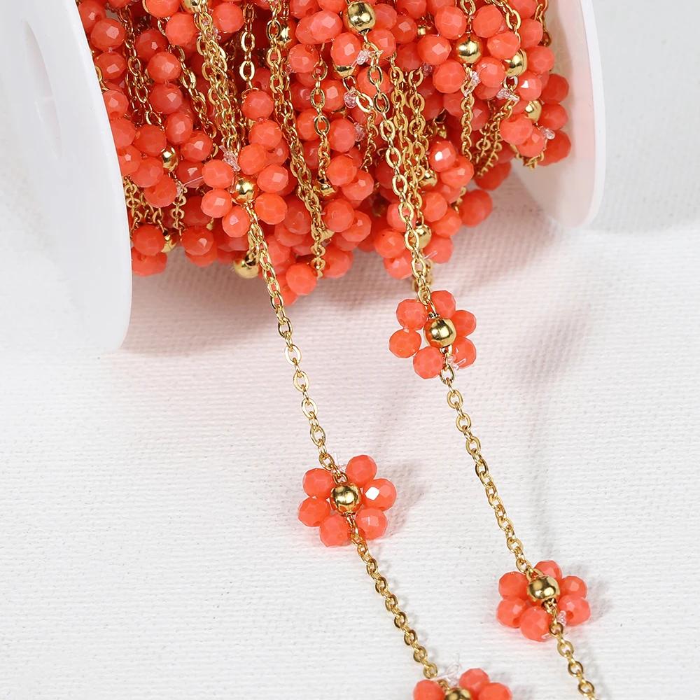 1meter Daisy Flower Beaded Chains Stainless Steel Crystal Bead Chain Necklace Bracelet Chain Crafts Jewelry Making DIY Supplies