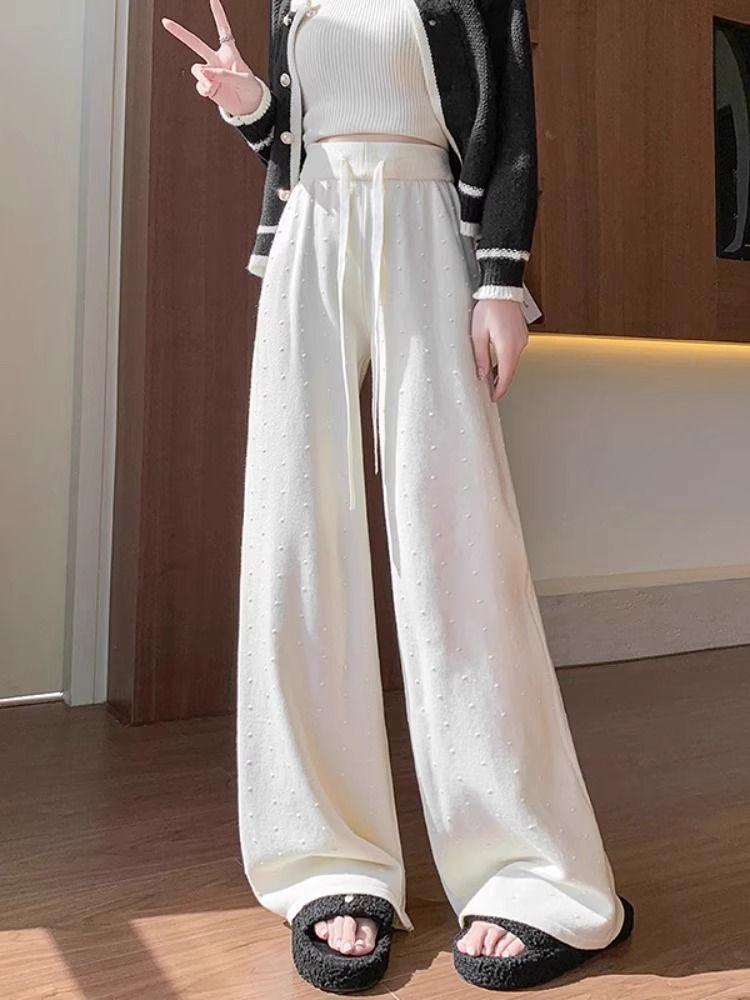 Knitted Wide Leg Pants for Women In Autumn and Winter Lazy Style High Waist Loose Straight Leg Soft Rice Floor Length Pants