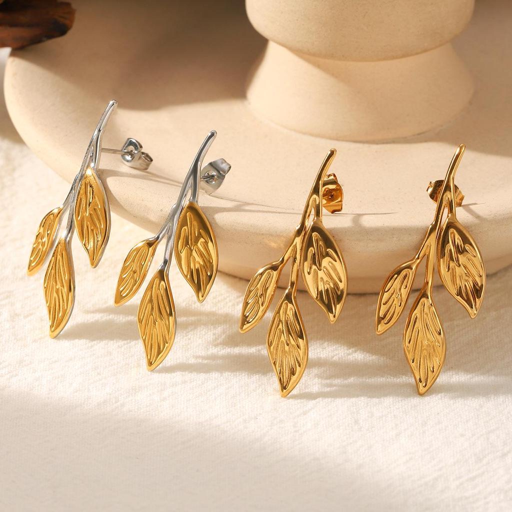 Elegant European & American Leaf 18K Gold Titanium Steel Earrings: Waterproof & Colorfast Luxury Design