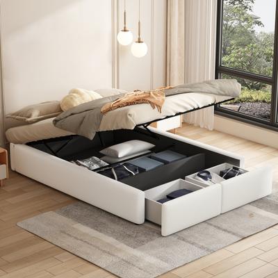 Double Bed 140x200cm Upholstered Bed Platform Without Headboard with Hydraulic Storage And 2 Drawers White