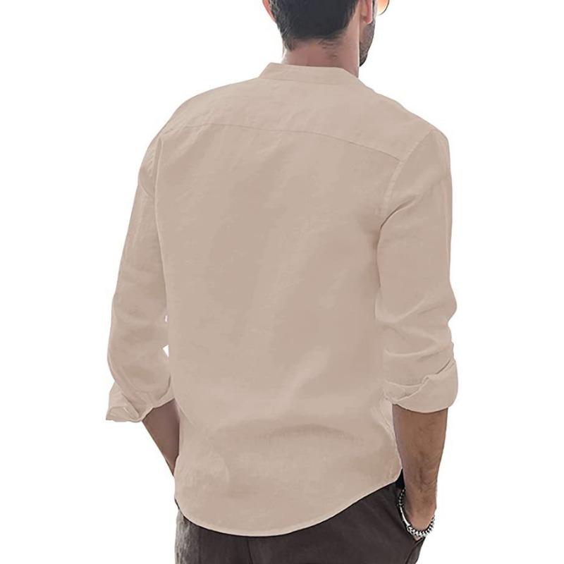 Mens Retro Casual Loose Long Sleeve Stand Collar Solid Shirt