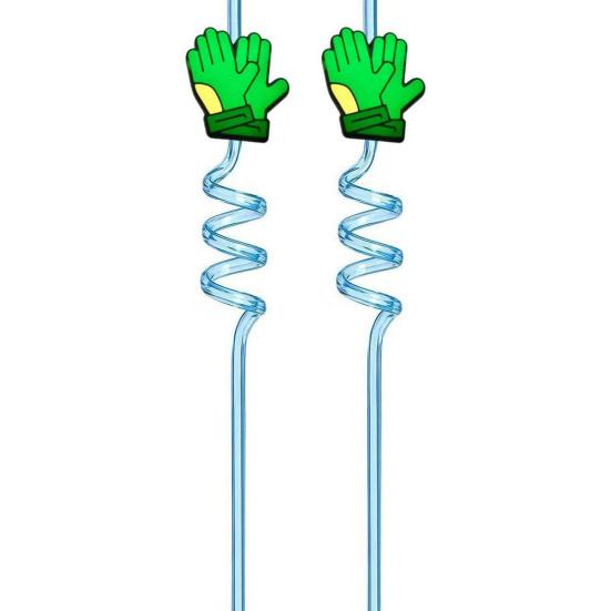 2Pcs Soccer Theme Spiral Straws, PET Reusable Curved Drinking Straws with Football Charm, World Mug Party Beverage Decor