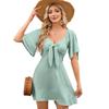 Women's Loose Casual Solid Color V-Neck Bow Tie Short Sleeved Dress Short Sleeved Dress