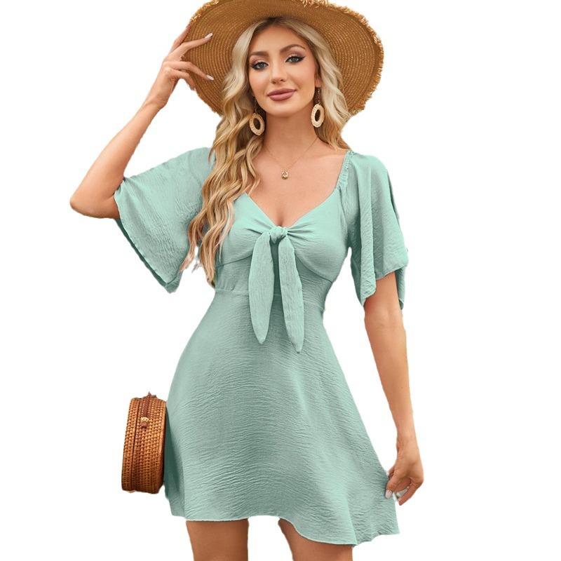 Women's Loose Casual Solid Color V-Neck Bow Tie Short Sleeved Dress Short Sleeved Dress
