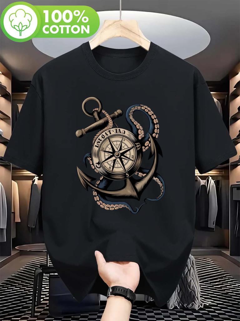 Unisexs NauticalThemed Graphic Tee Lightweight Round Neck Short Sleeve TShirt with Octopus Compass Anchor Print for Summer Casual Wear