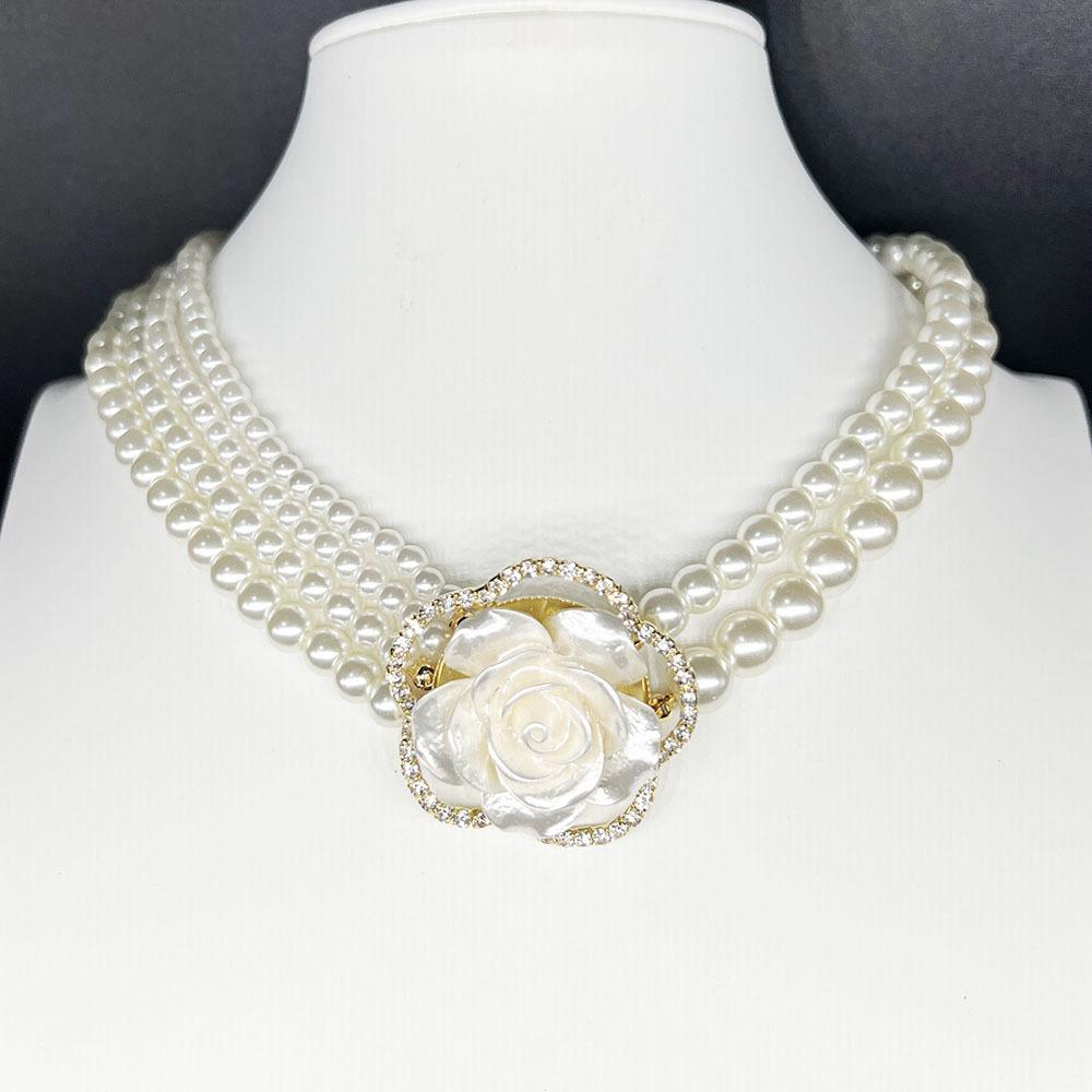 Three-dimensional full diamond camellia pearl necklace French long high-end multi-layer stacking wearing small fragrant wind choker collarbone