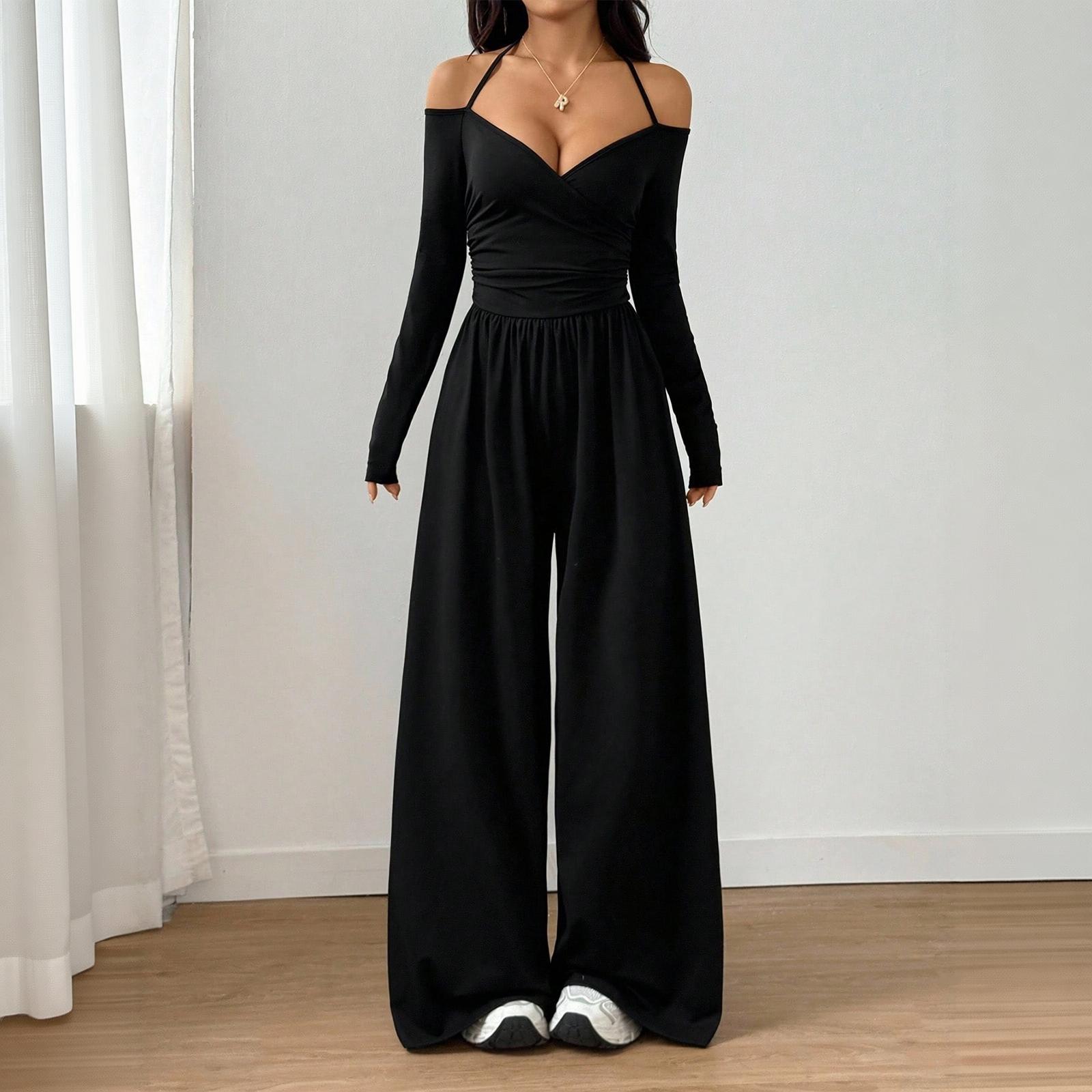 Damen Farbe V-Ausschnitt Langarm Jumpsuit mit weitem Bein und Taillengürtel L schwarz
