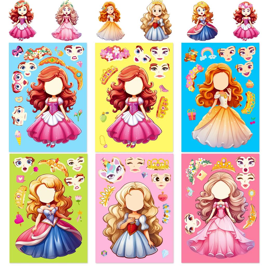 6 Sheets DIY Puzzle Stickers Princess Mermaid Face Changing Fun Jigsaw Assembly Stickers Kids Toys Birthday Gifts for Girls