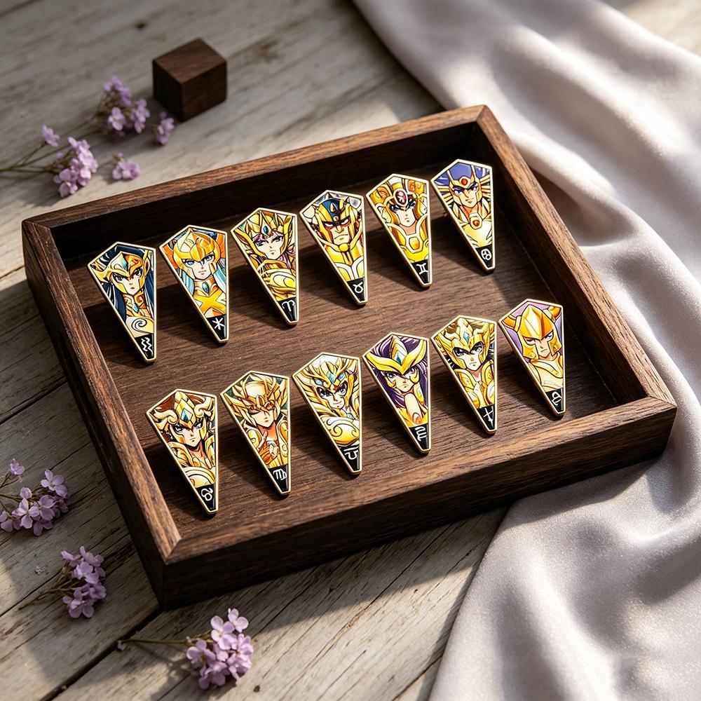 12 Golden Saint Seiya Zodiac Pins Set, Anime Twelve Gold Saints Enamel Brooches, Constellation Lapel Badges Collectible Gift
