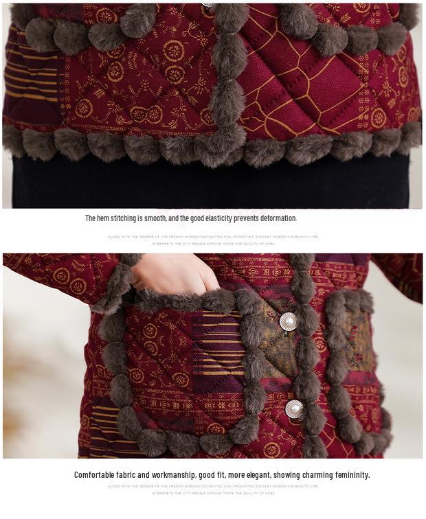 Stylish Floral Plush-Lined Cotton Jacket for Mid-Aged and Elderly Women - Warm, Loose Fit with Lapel