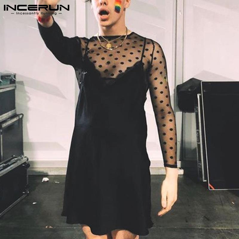 

INCERUN летнее мужское кружевное короткое платье в горошек прозрачное прозрачное