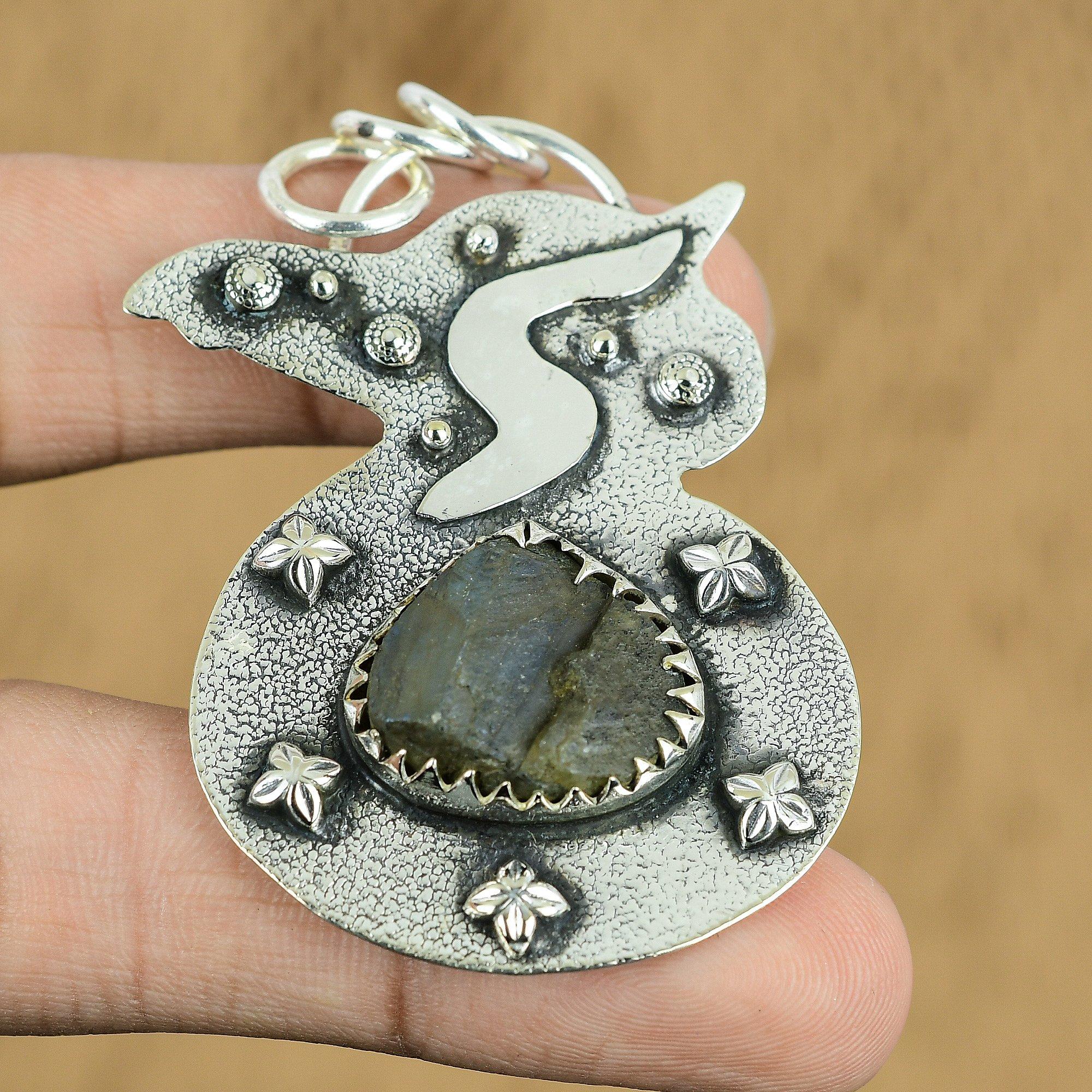

Anniversary Gift For Her Natural Labradorite Rough Gemstone Pendant 925 Silver