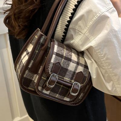 Podzimní vlněná kostkovaná taška pro ženy, retro taška do podpaží, luxusní přenosná sedlová taška přes jedno rameno