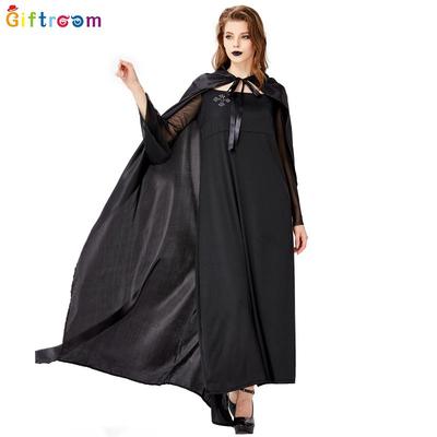 Large Size Adult Women's Theme Party Costume Witch Dress Dark Dress Cloak Set