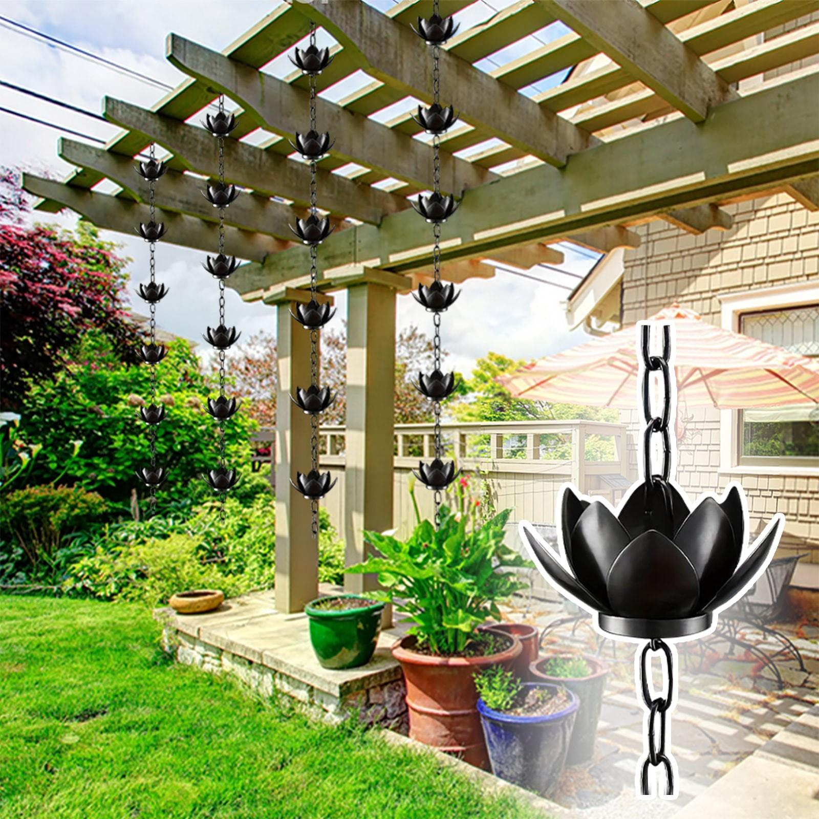 8.5ft Heavy-Duty Black Rain Chain With 12 Lotus Cups – Gutter Downspout Replacement For Garden, Patio & Home Decor – Easy Install & Adjustable