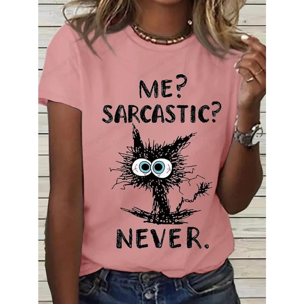 Summer women's cute cat 3D printed T-shirt women's fashionable round neck short sleeved T-shirt animal top T-shirt clothing