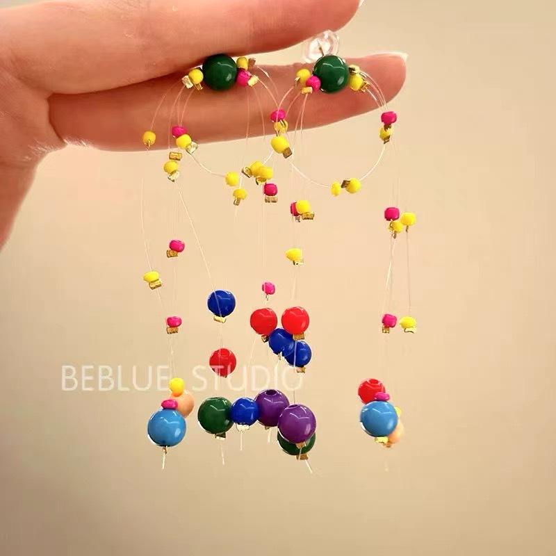 Colorful Dopamine Fabric Beaded Earrings – Women's Studs, Seaside Vacation Style, Ear Clips