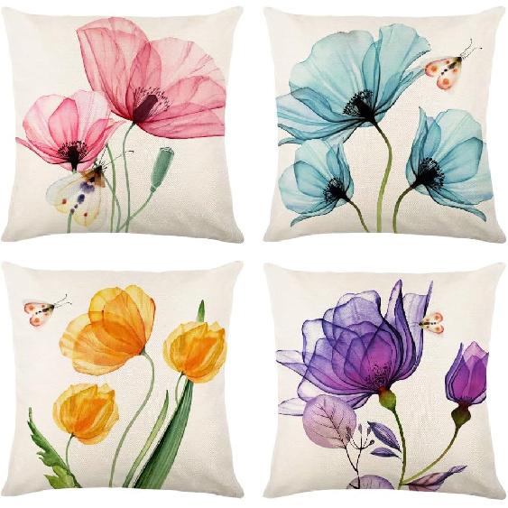 Flower Decorative Throw Pillow Covers 18x18 Inch Watercolor Floral Farmhouse Cushion Cover 4 Pcs Pink Yellow Purple Blue Tulip Pillow Case for Couch