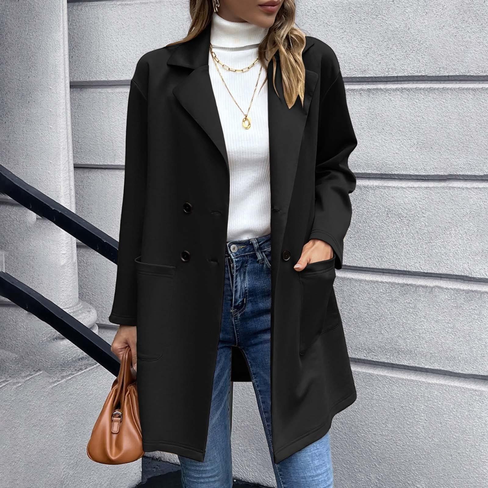 

Женские куртки на пуговицах осень повседневная ветровка пальто куртка верхняя одежда с карманами L чёрный