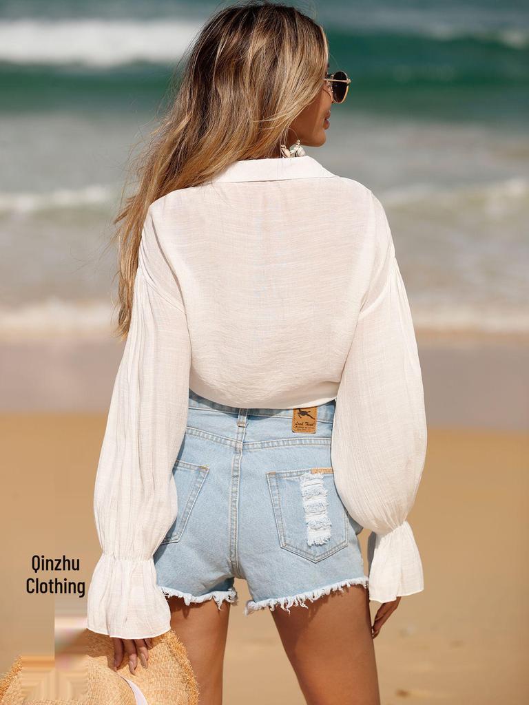 Long-Sleeve Bamboo Cotton Beach Cover-Up with Front Tie for Women