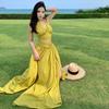 Seaside Vacation Green Neck Dress Women's Summer Sexy Backless Waist Temperament Split Dress