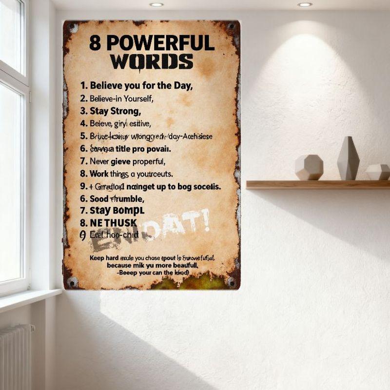 Vintage Rusty Metal Sign '8 POWERFUL WORDS' Distorted Words Inspirational Retro Wall Decor for Home Bar Man Cave Cafe Art Aged C