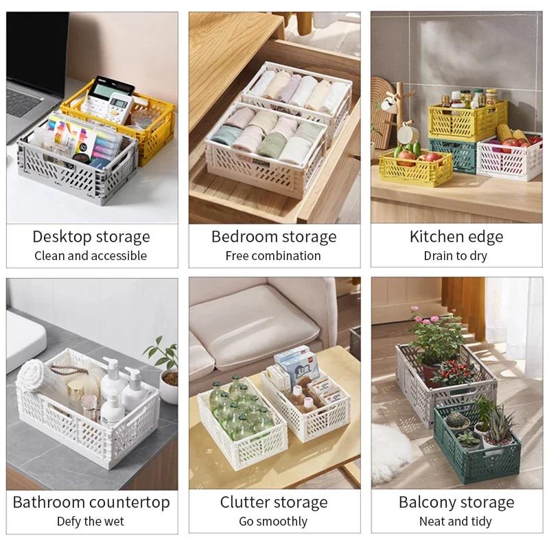 Household Plastic Foldable Storage Basket Student Desktop Collapsible Crate Sundries Organizer Stackable Drawer Container Box