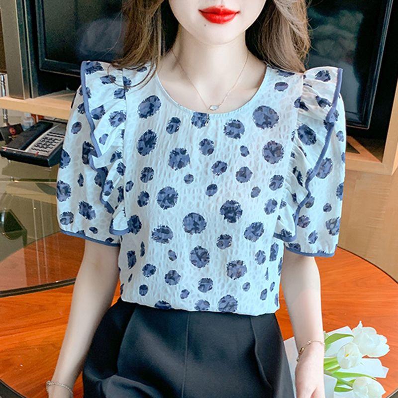 New Summer Fashion Polka Dot Chiffon Top Short-sleeved T-shirt Women's High-end Chic Beautiful Shirt Fashionable